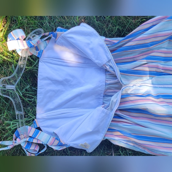 Shoshanna Demeri Striped Eyelet Dress in Rainbow Womens 12 Blue Pink white Midi - Picture 13 of 14